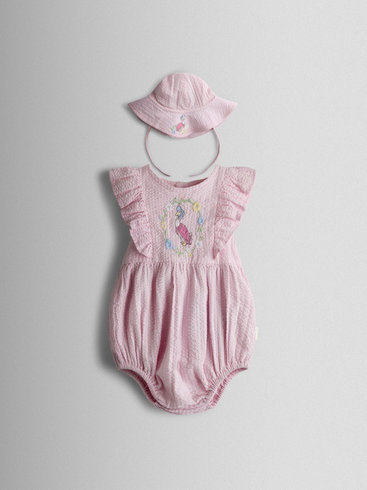JoJo Maman Bébé Pink Jemima Puddle-Duck Embroidered Romper & Hat Set image 1