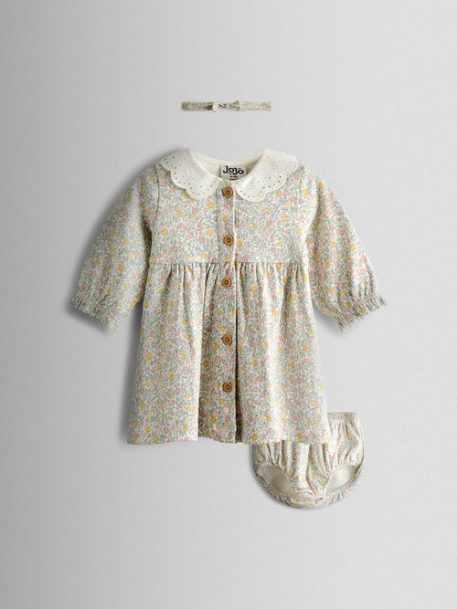 JoJo Maman Bébé Cream Ditsy Floral Ditsy Dress & Knicker Set image 1