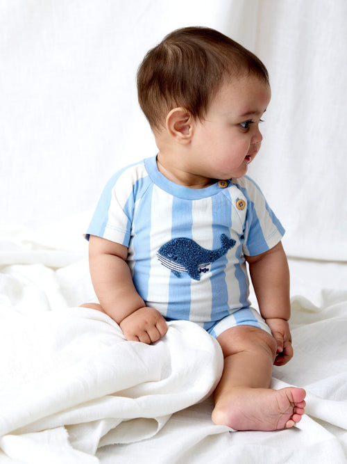 JoJo Maman Bébé Blue Whale Appliqué Romper & Hat Set image 1