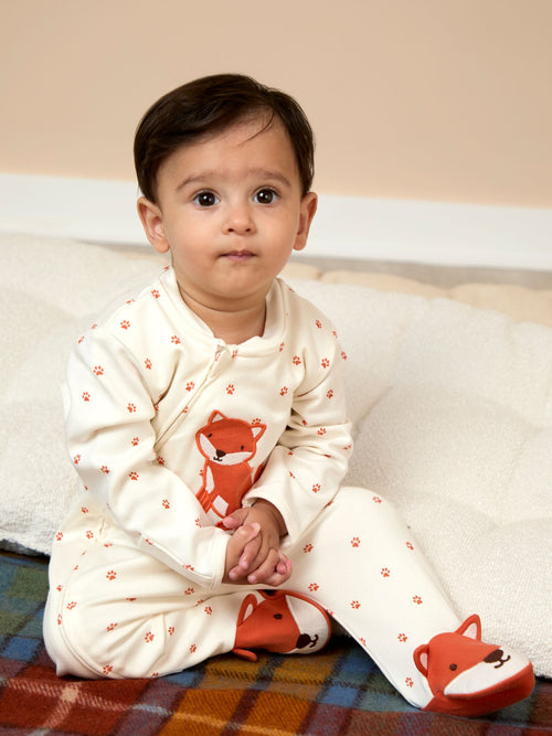 JoJo Maman Bébé Cream Fox Appliqué Zip Sleepsuit image 1
