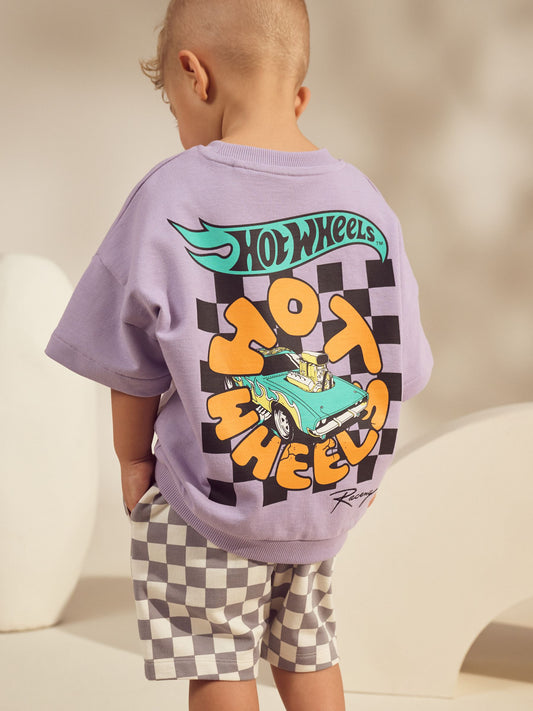 Lilac Purple Hot Wheels Check Short T-Shirt Set (9mths-8yrs) image 1