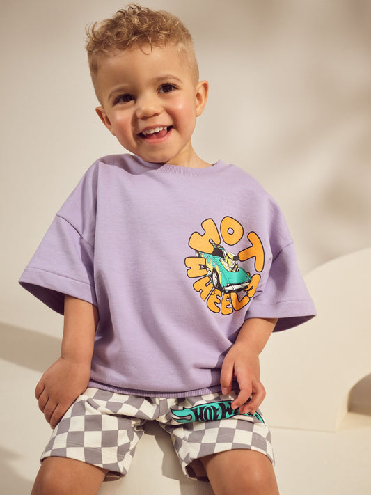 Lilac Purple Hot Wheels Check Short T-Shirt Set (9mths-8yrs) image 2