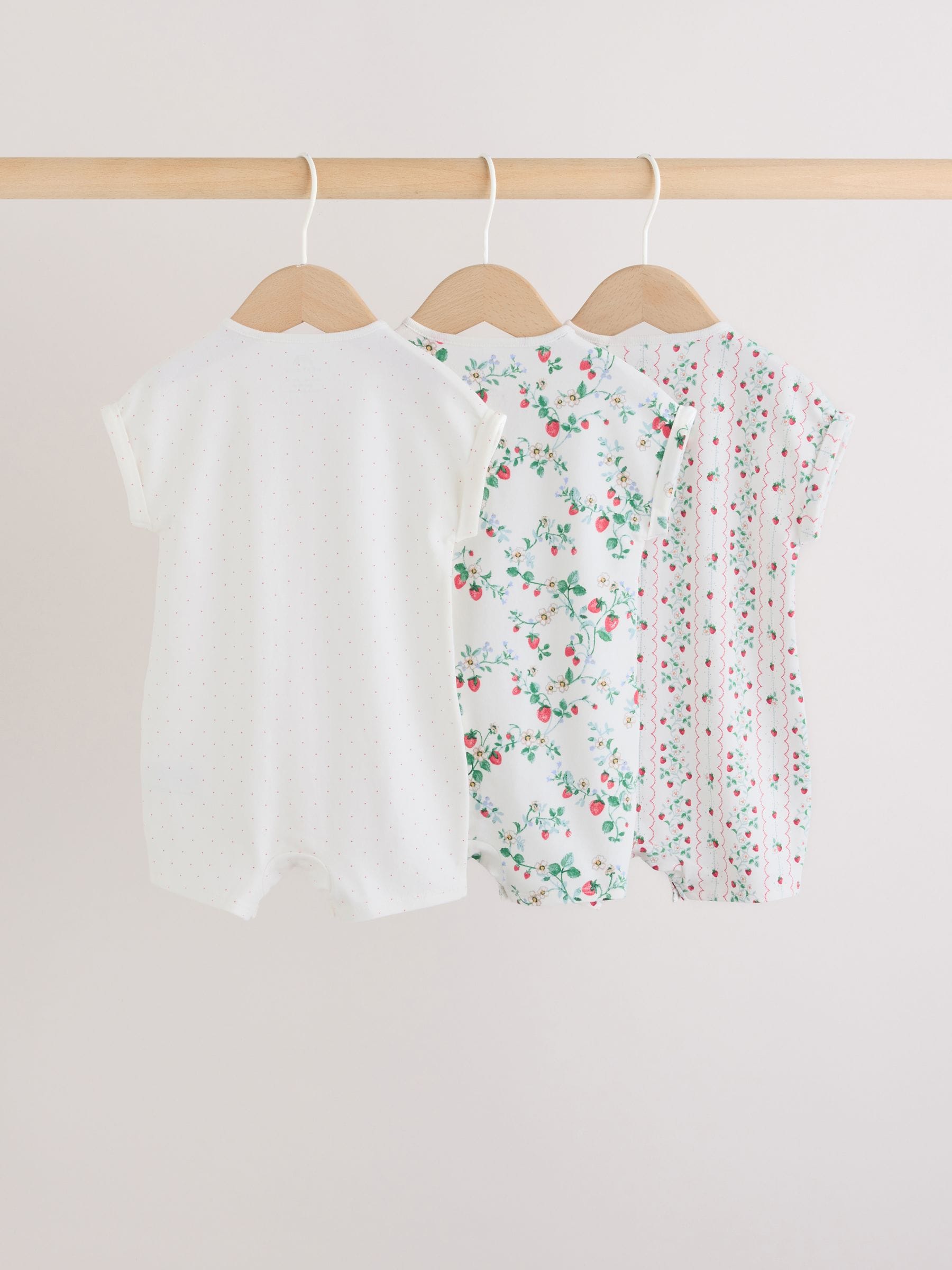 White Strawberry Printed Jersey Baby Rompers 3 Pack image 2