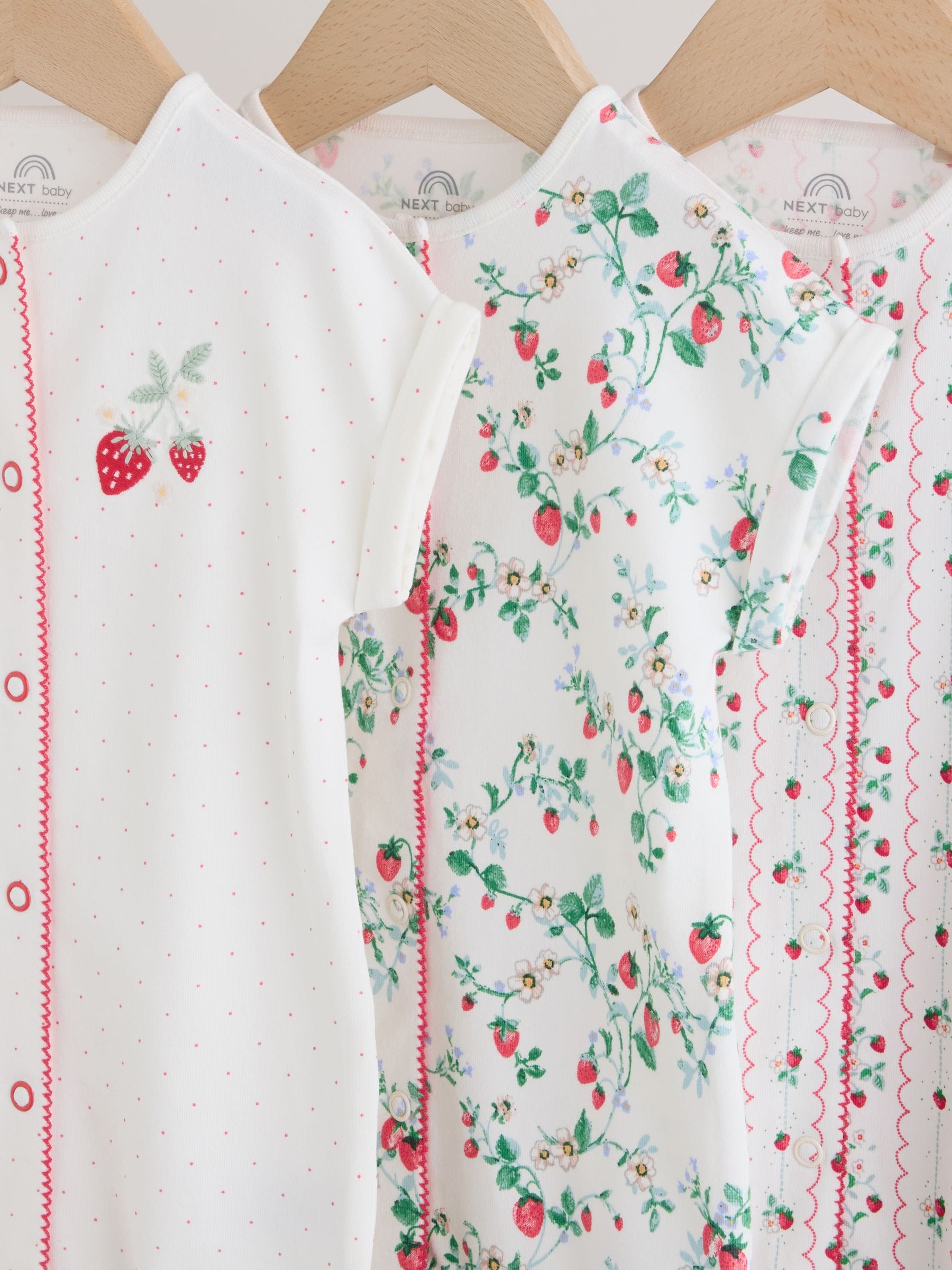 White Strawberry Printed Jersey Baby Rompers 3 Pack image 7