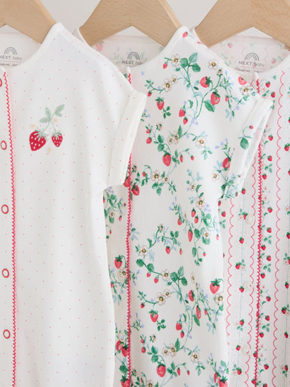 White Strawberry Printed Jersey Baby Rompers 3 Pack image 7