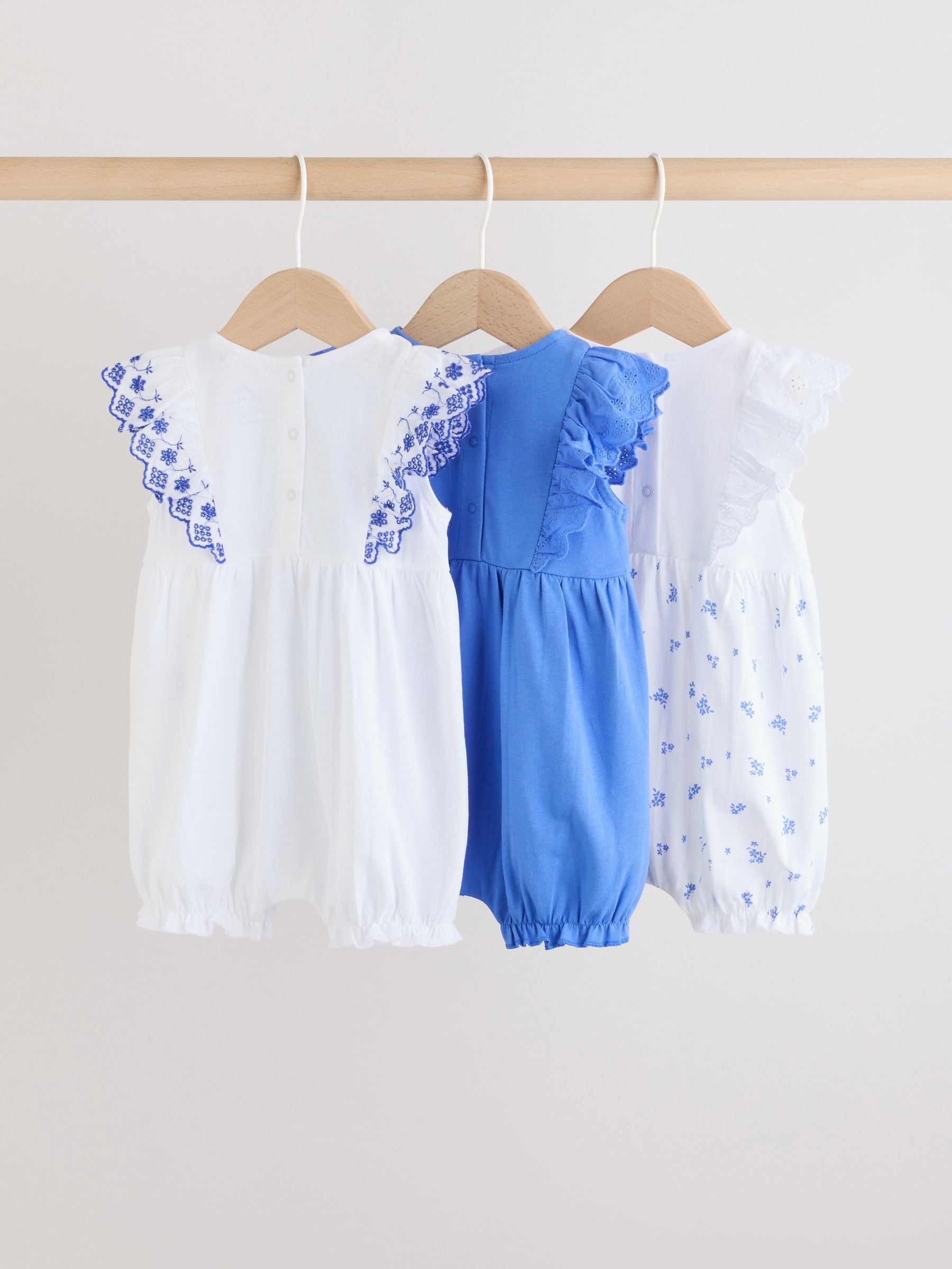 Blue Floral Broderie Broderie 3 Pack Baby Rompers image 2