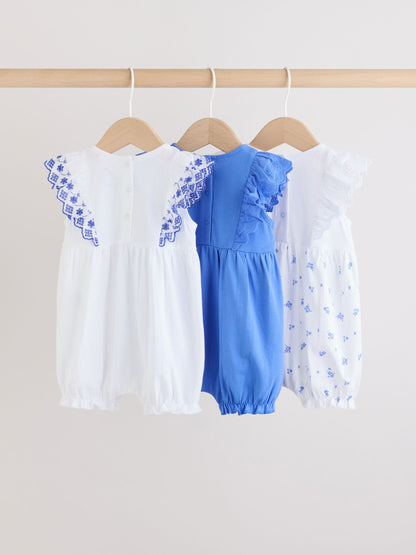 Blue Floral Broderie Broderie 3 Pack Baby Rompers image 2