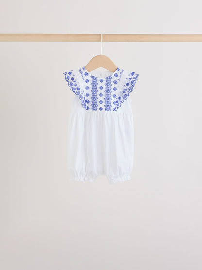Blue Floral Broderie Broderie 3 Pack Baby Rompers image 3