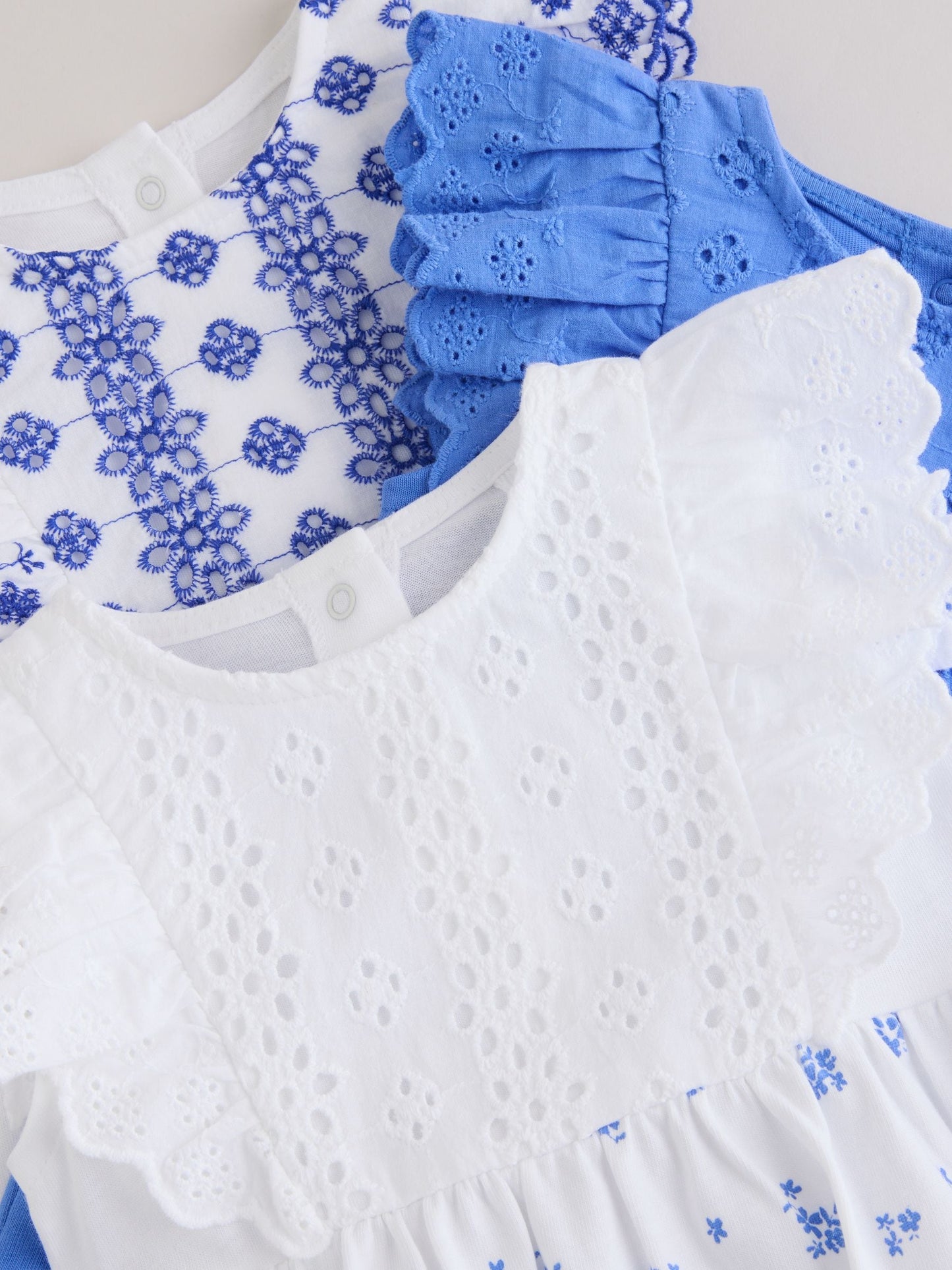 Blue Floral Broderie Broderie 3 Pack Baby Rompers image 8