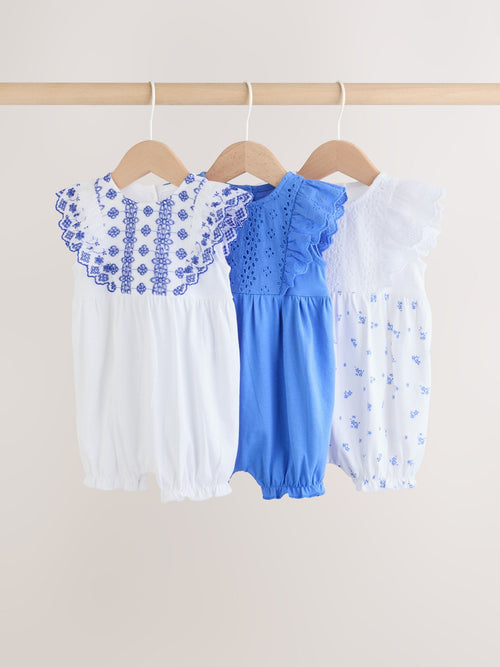Blue Floral Broderie Broderie 3 Pack Baby Rompers image 1