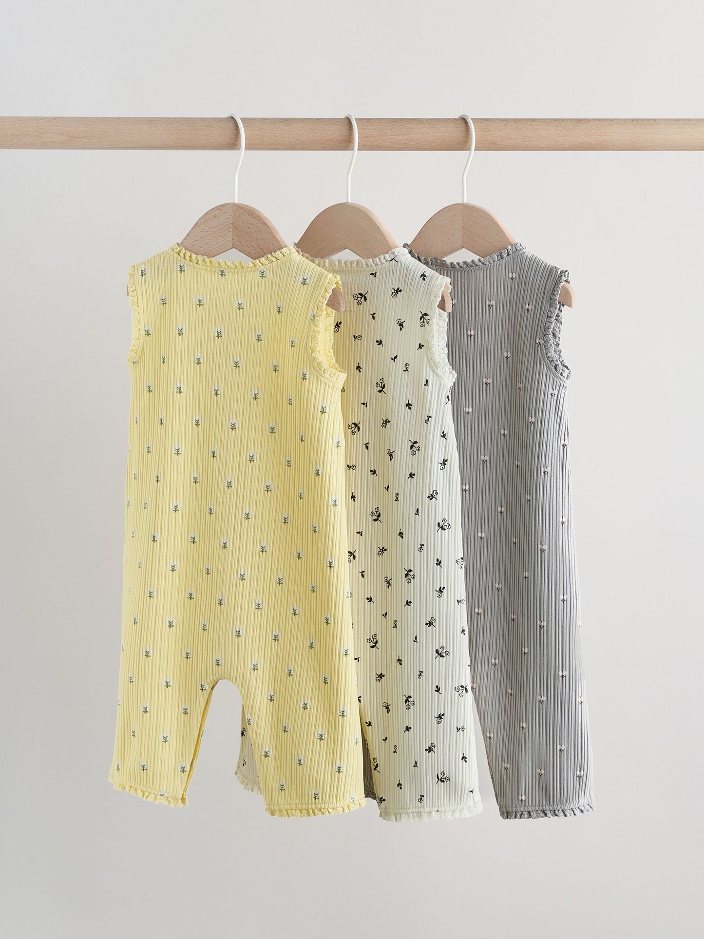 Monochrome Floral Rib Wide Leg Jersey Baby Rompers 3 Pack image 3