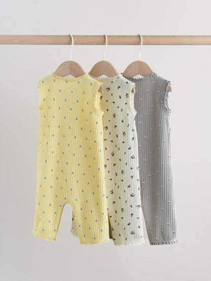 Monochrome Floral Rib Wide Leg Jersey Baby Rompers 3 Pack image 3