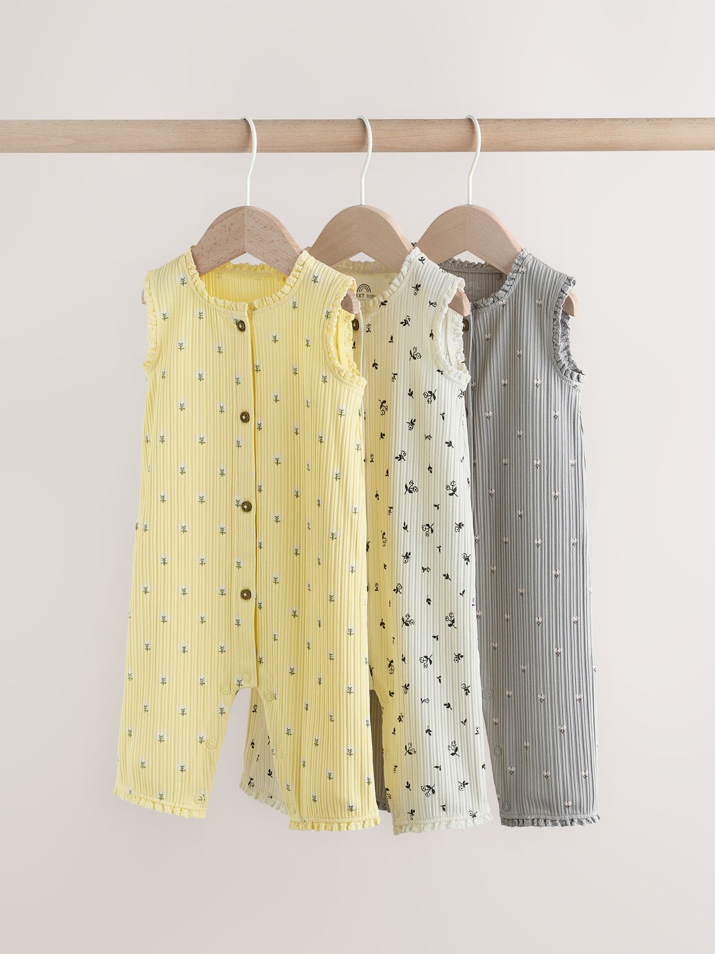 Monochrome Floral Rib Wide Leg Jersey Baby Rompers 3 Pack image 1