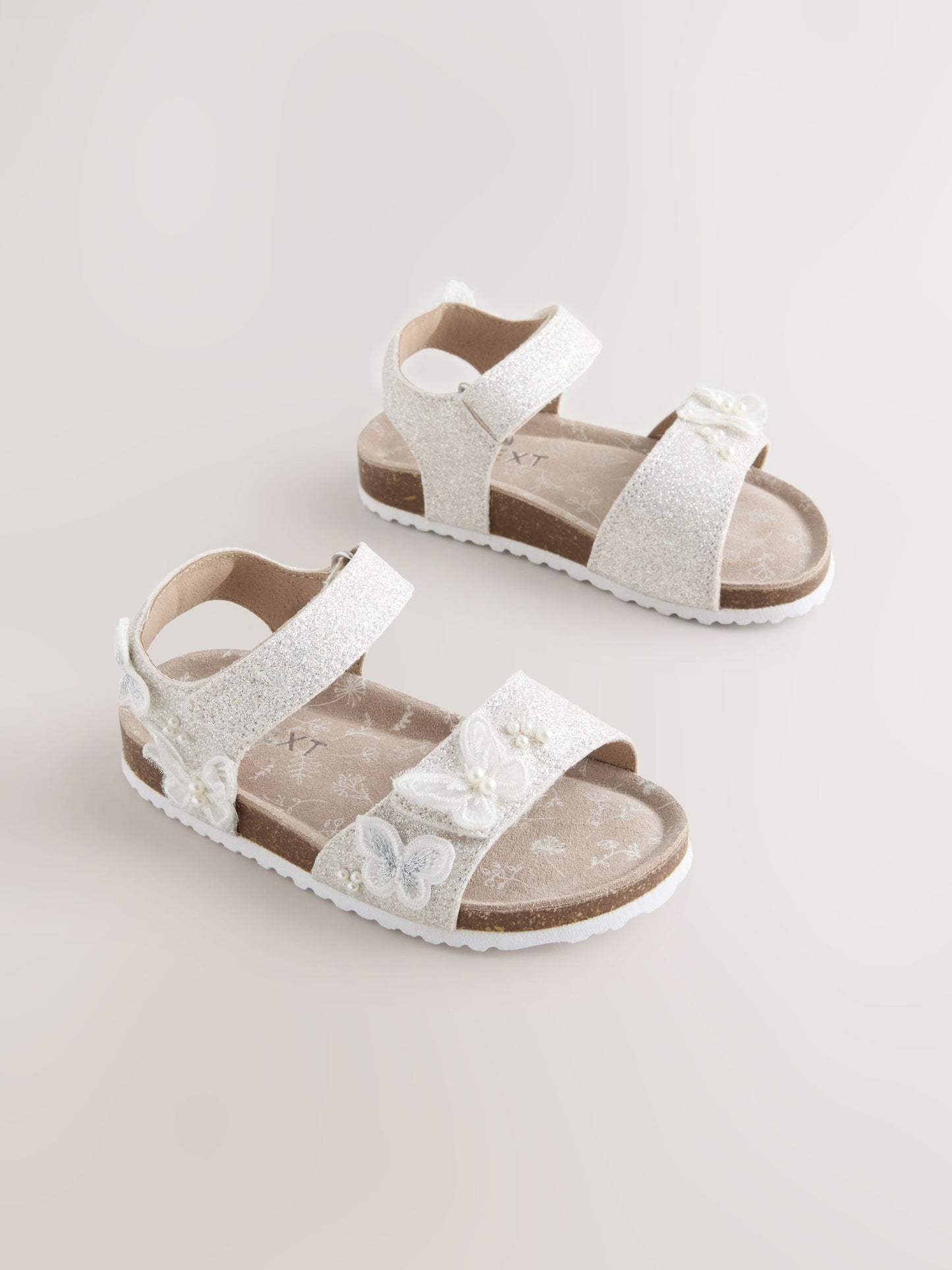 White Glitter Butterfly Standard Fit (F) Touch Fastening Corkbed Sandals image 1