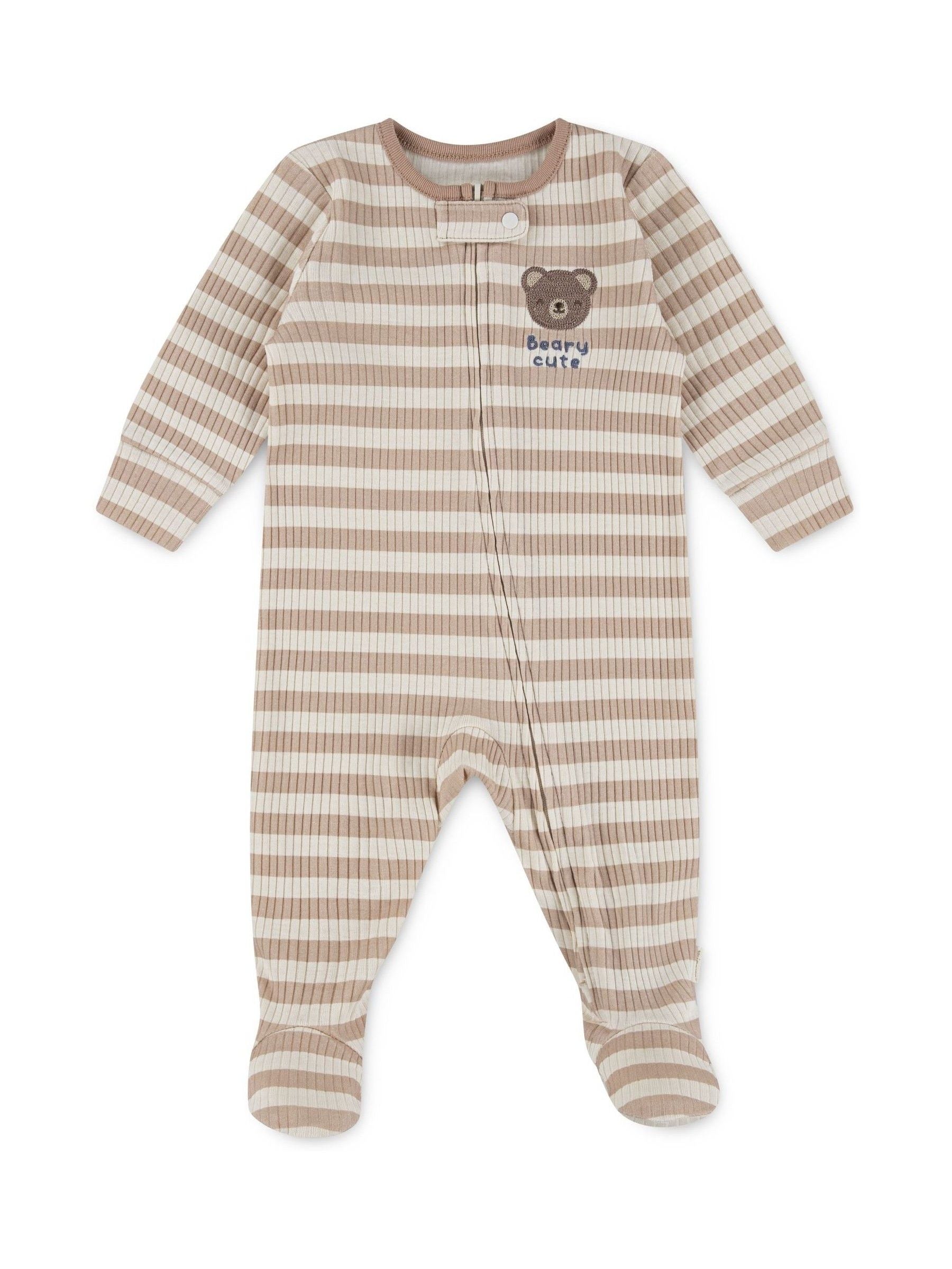 Huggies Brown Stripe Zip Footed Sleepsuit With Bear Detail image 1
