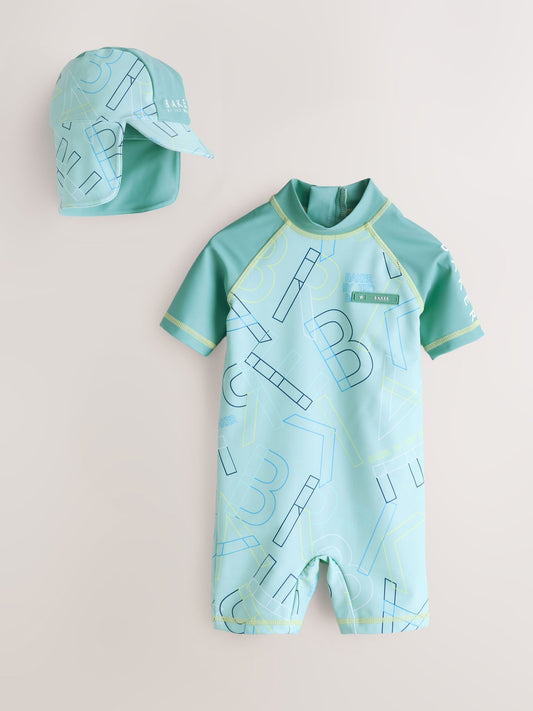 Baker by Ted Baker Blue Sunsafe All-In-One Swimsuit and Hat Set image 1