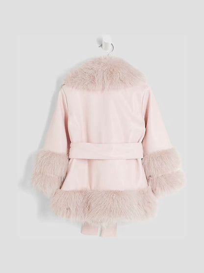River Island Pink Girls Faux Leather Fur Wrap Coat