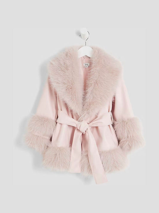 River Island Pink Girls Faux Leather Fur Wrap Coat