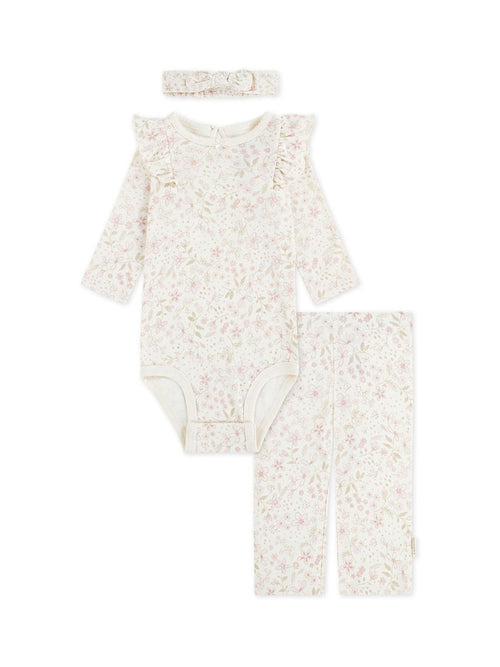 Huggies Pink Floral Print Bodysuit Leggings And Bow Headband 3 Piece Set image 1
