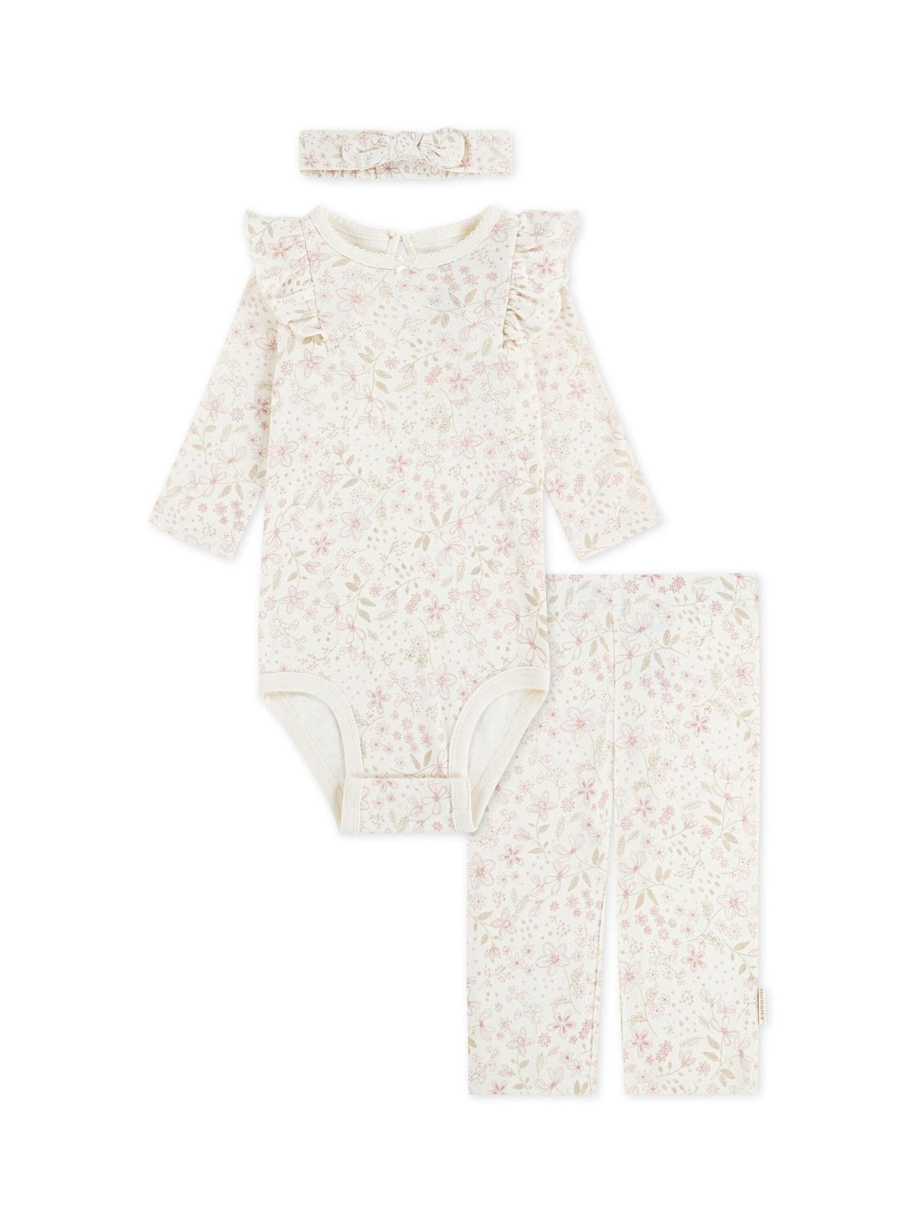 Huggies Pink Floral Print Bodysuit Leggings And Bow Headband 3 Piece Set image 1