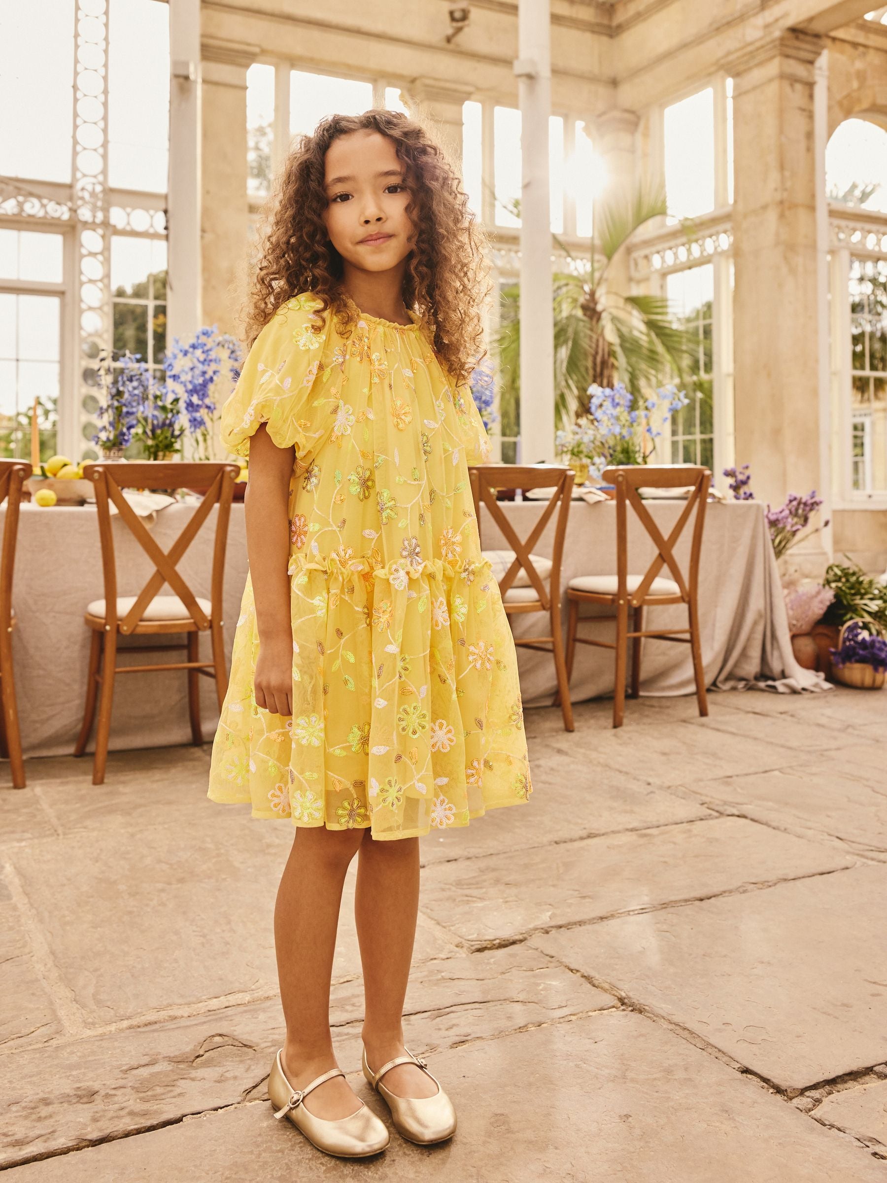 Yellow Embellished Sequin Tiered Mesh Occasion Dress (3-16yrs) image 1