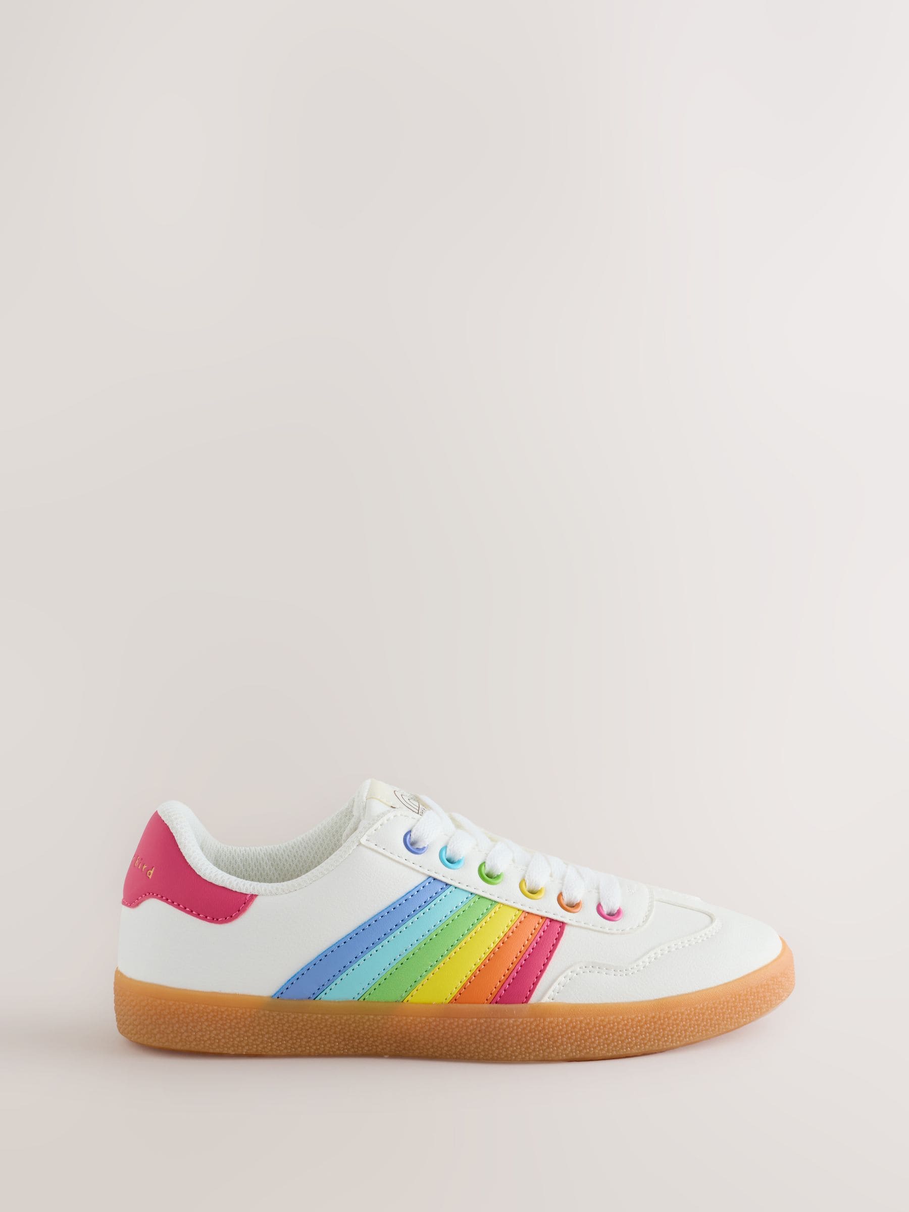 Little Bird by Jools Oliver White Older Gum Sole Trainers with Rainbow Stripe image 1