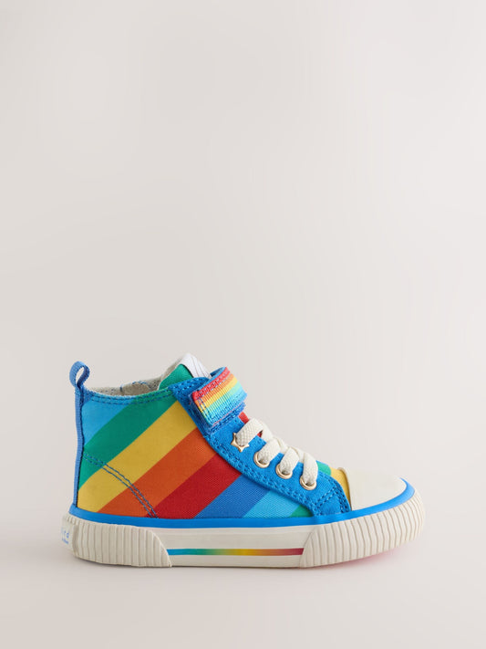 Little Bird by Jools Oliver Blue Bright Rainbow Striped Canvas Hi-Top Trainers image 1