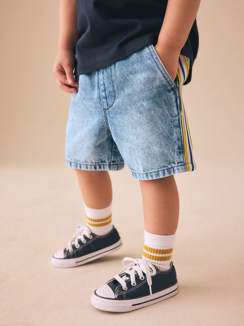 Blue Side Stripe Pull On Loose Denim Shorts (3mths-7yrs) image 1
