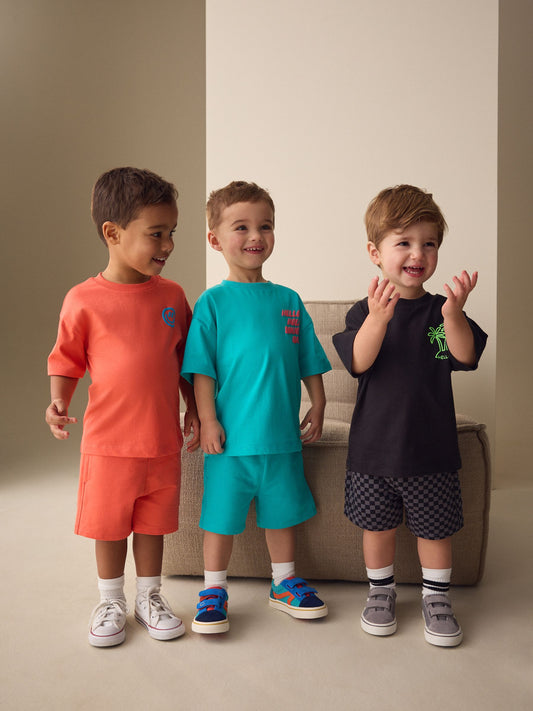 Coral/Aqua/Black Slogan Short Sleeve T-Shirt and Shorts Set 3 Pack (3mths-7yrs) image 1