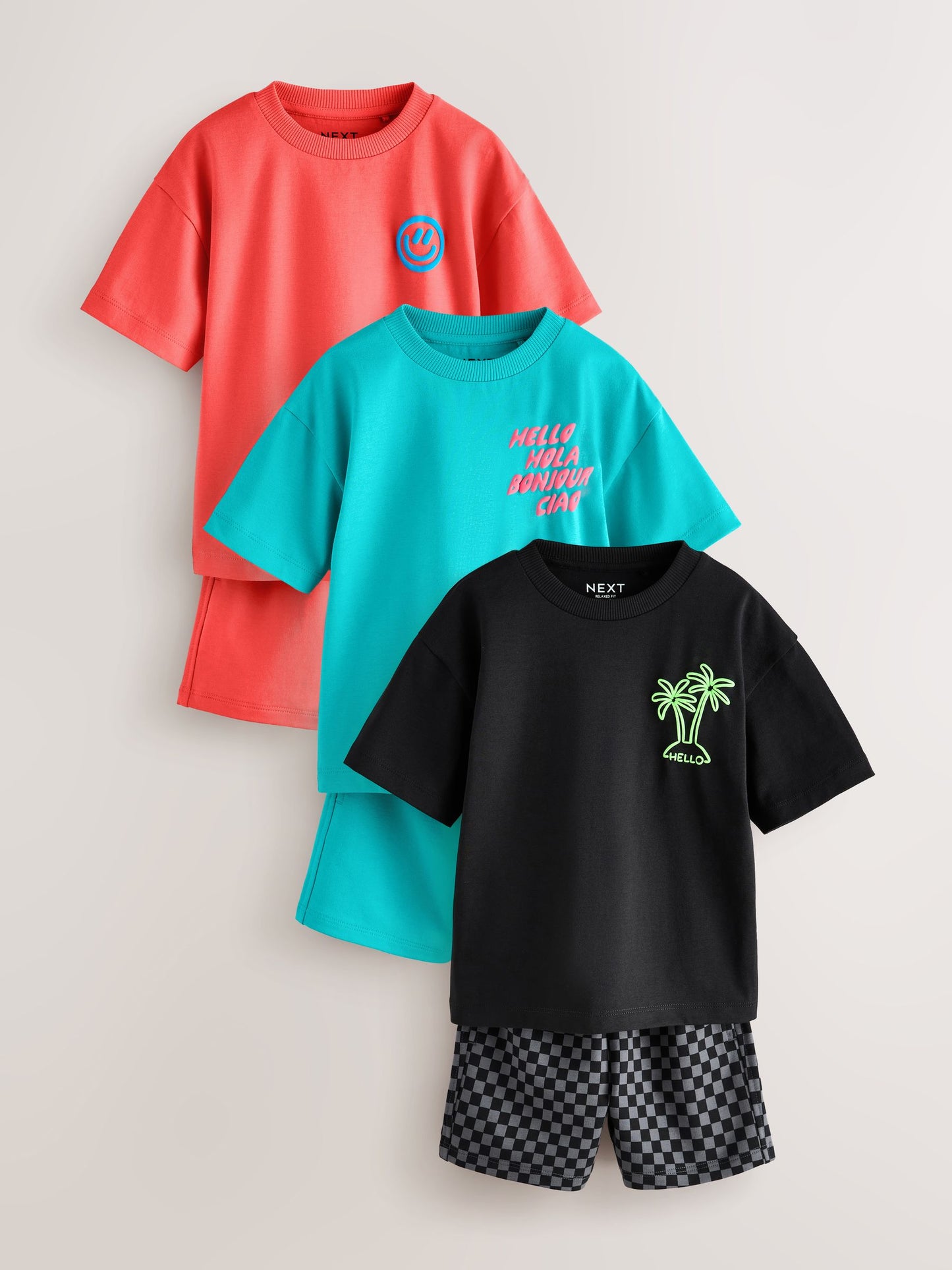 Coral/Aqua/Black Slogan Short Sleeve T-Shirt and Shorts Set 3 Pack (3mths-7yrs) image 3