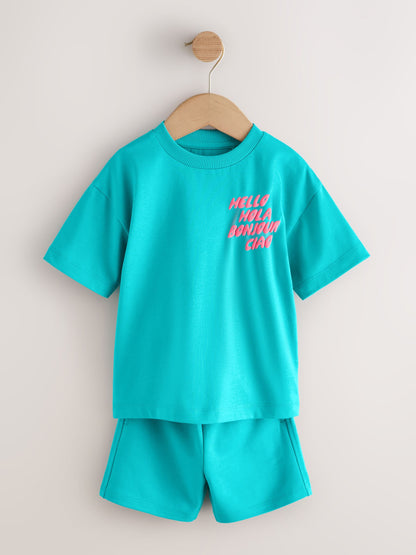 Coral/Aqua/Black Slogan Short Sleeve T-Shirt and Shorts Set 3 Pack (3mths-7yrs) image 5