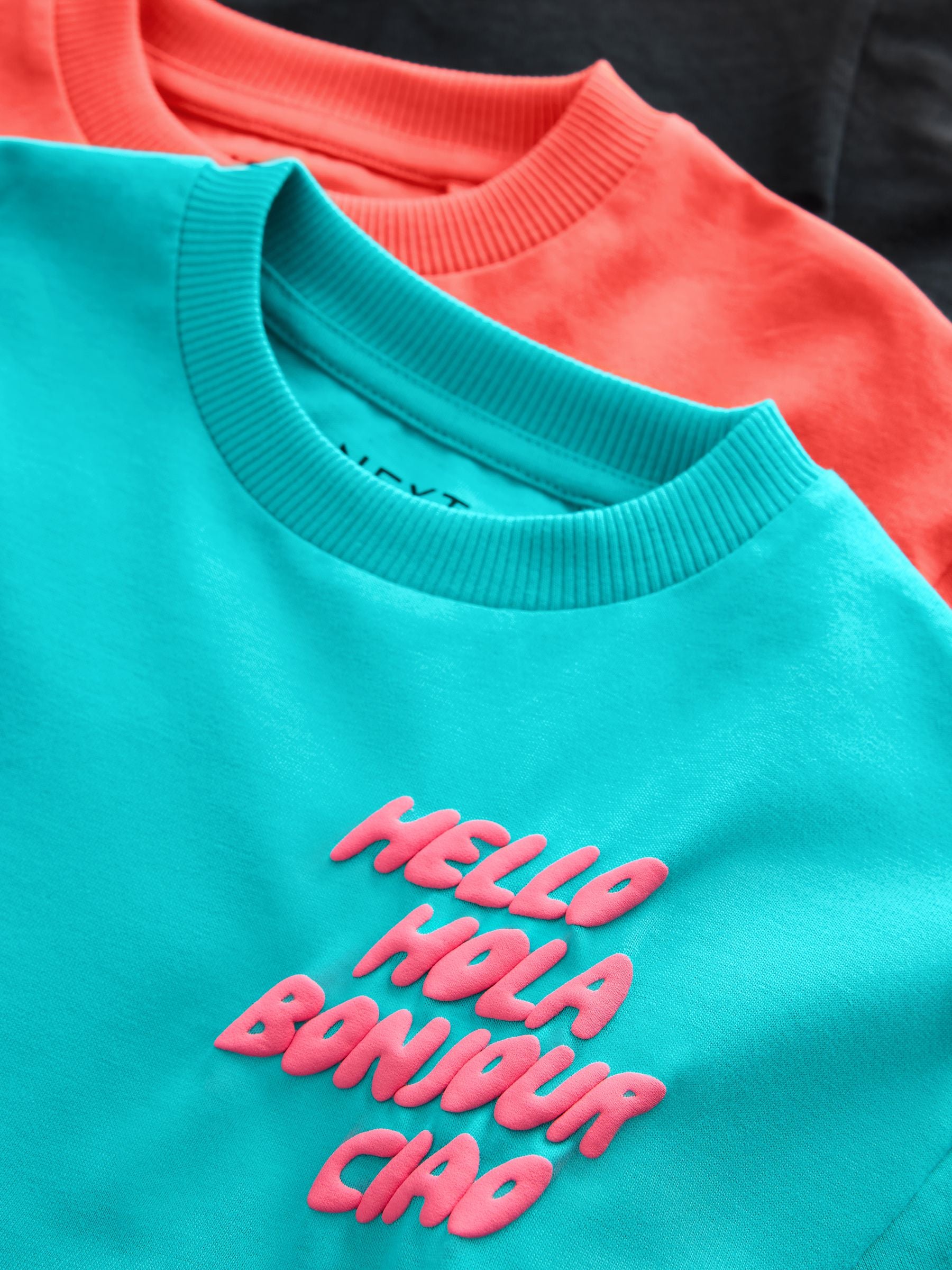 Coral/Aqua/Black Slogan Short Sleeve T-Shirt and Shorts Set 3 Pack (3mths-7yrs) image 9
