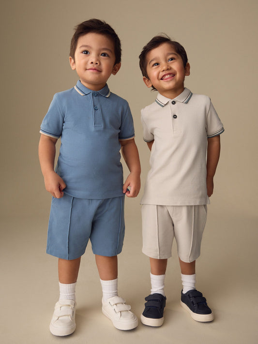 Blue/Neutral Short Sleeve Polo and Shorts Set 2 Pack (3mths-7yrs) image 1