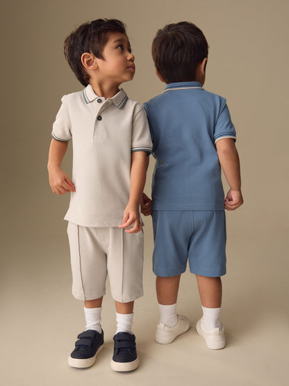 Blue/Neutral Short Sleeve Polo and Shorts Set 2 Pack (3mths-7yrs) image 3