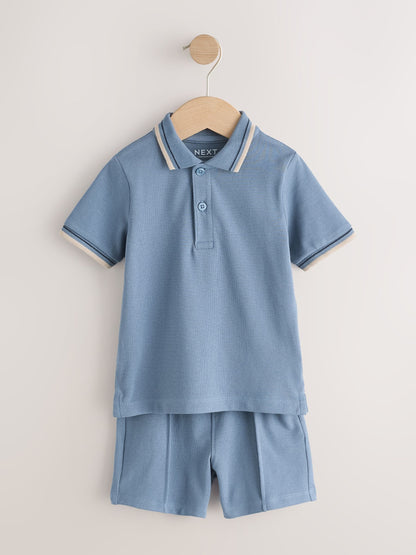 Blue/Neutral Short Sleeve Polo and Shorts Set 2 Pack (3mths-7yrs) image 9
