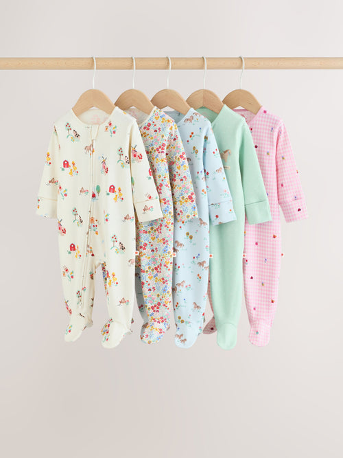 Pink/Green Two Way Zip Baby Sleepsuits 5 Pack (0mths-2yrs) image 1