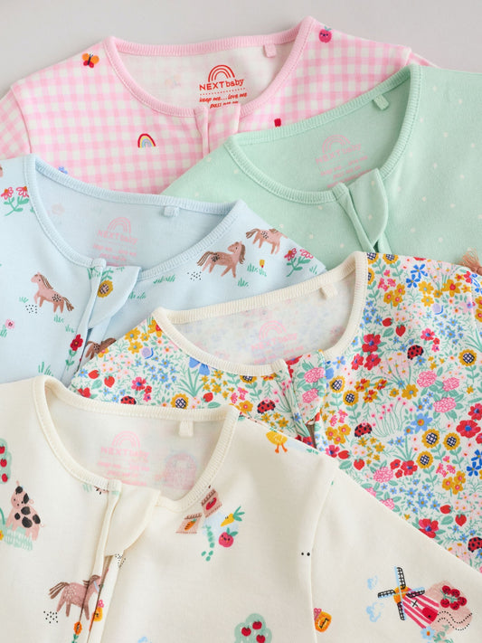 Pink/Green Two Way Zip Baby Sleepsuits 5 Pack (0mths-2yrs) image 3