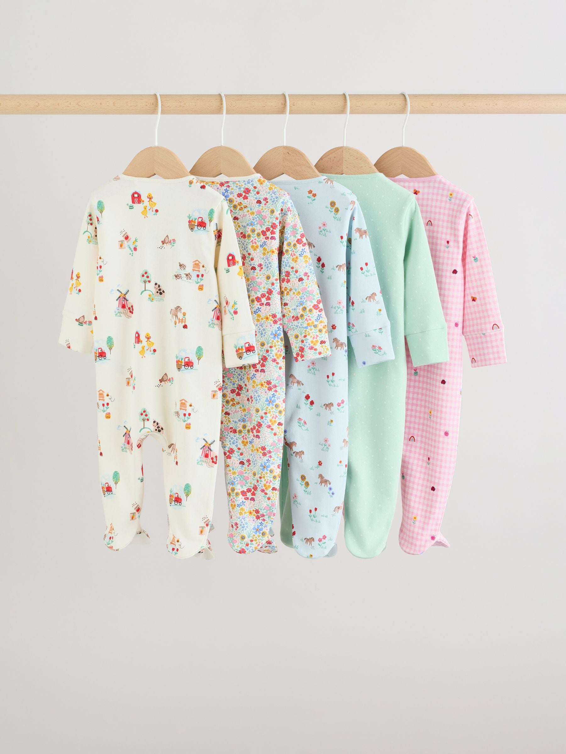 Pink/Green Two Way Zip Baby Sleepsuits 5 Pack (0mths-2yrs) image 2