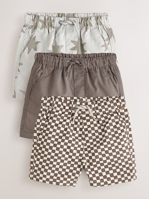 Brown/Star/Checkerboard Pull On Shorts 3 Pack (3mths-7yrs) image 1