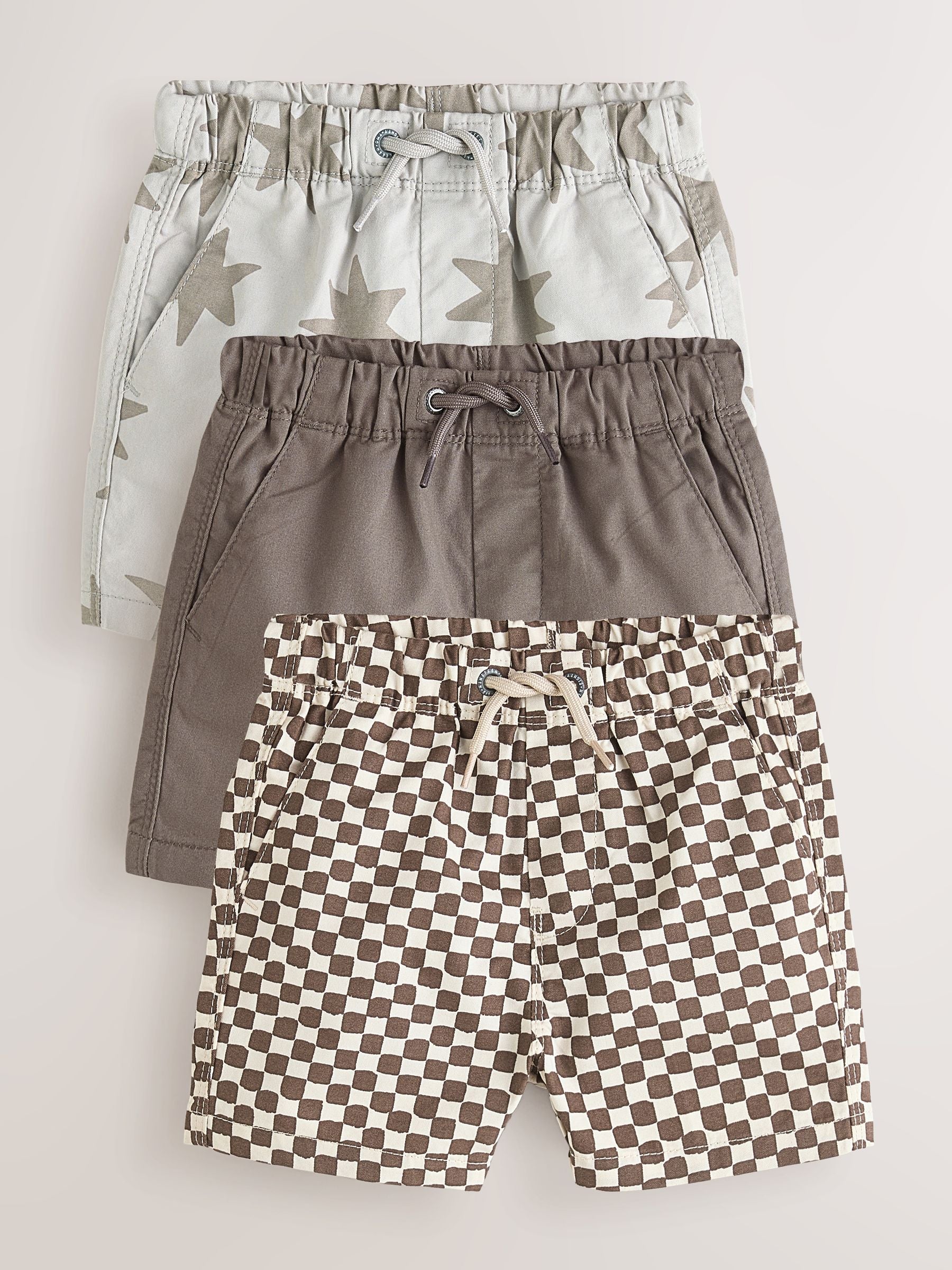 Dsiney Kidz - Brown/Star/Checkerboard Pull On Shorts 3 Pack (3mths-7yrs) image 1