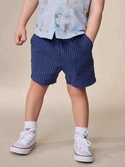 Navy Stripe Linen Blend Pull On Shorts (3mths-7yrs) image 1