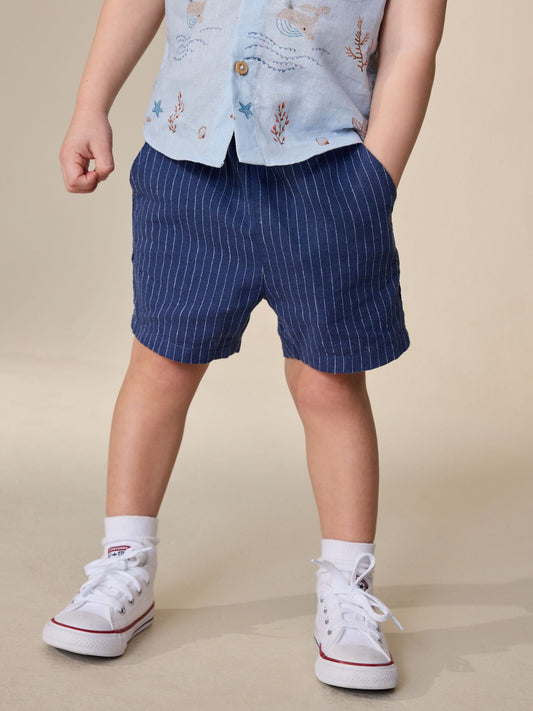 Navy Stripe Linen Blend Pull On Shorts (3mths-7yrs) image 1