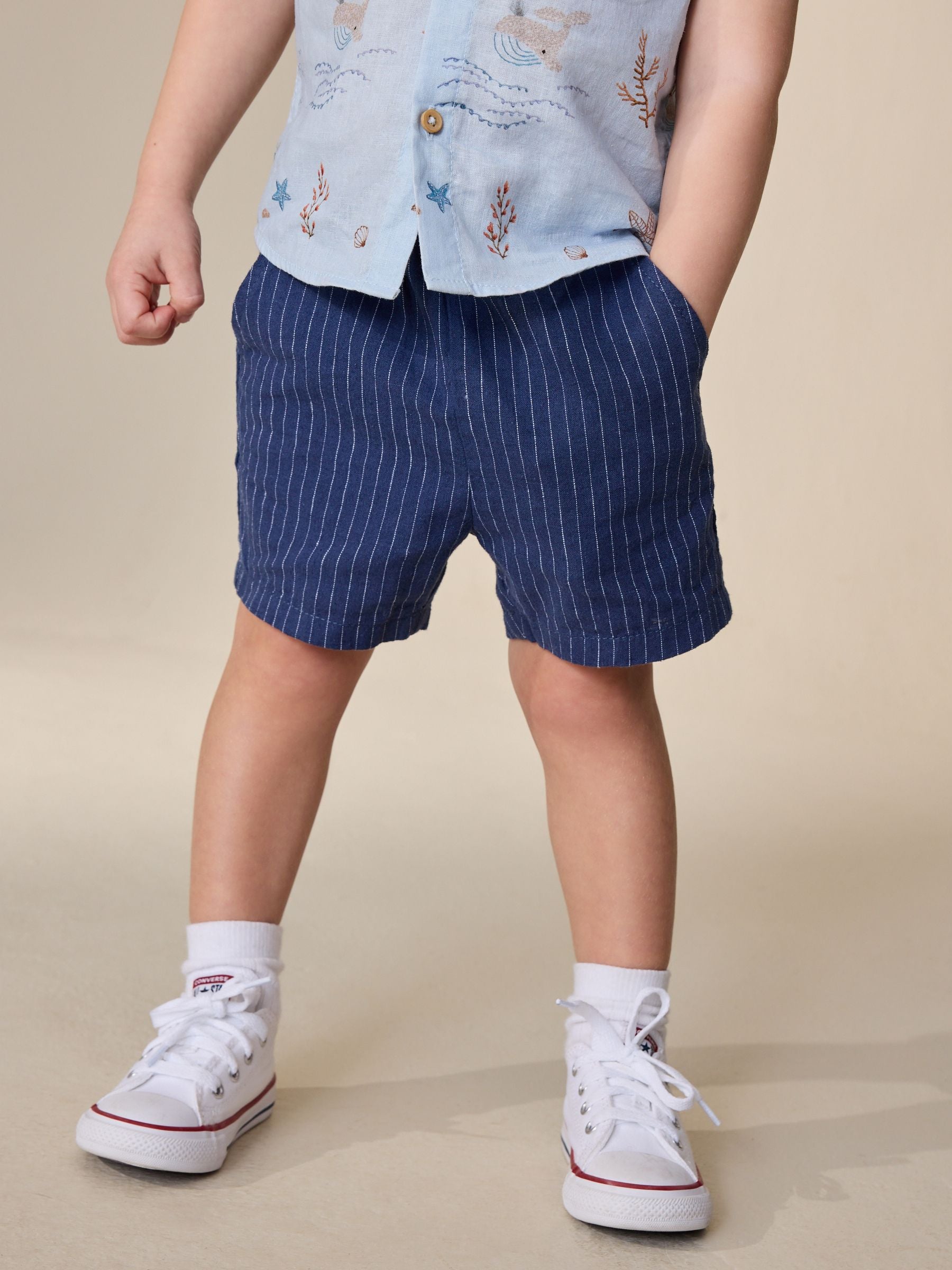 Dsiney Kidz - Navy Stripe Linen Blend Pull On Shorts (3mths-7yrs) image 1