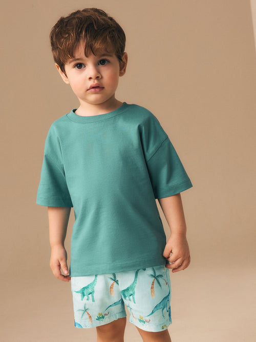 Blue Dino Print Linen Blend Pull On Shorts (3mths-7yrs) image 1