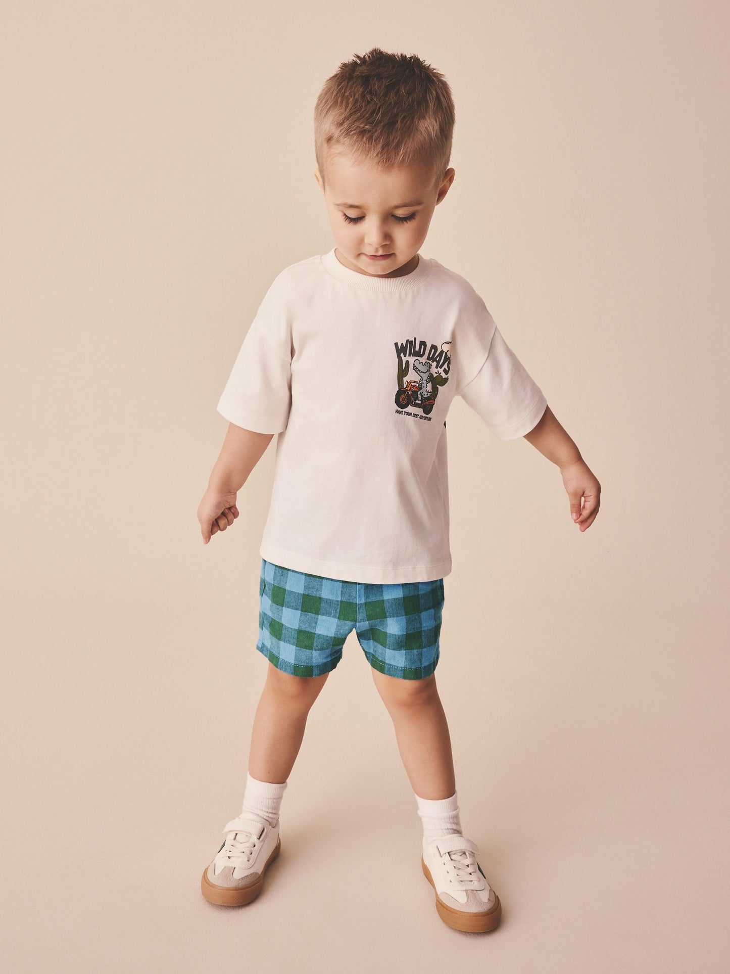 Blue/Green Gingham Linen Blend Pull On Shorts (3mths-7yrs) image 2