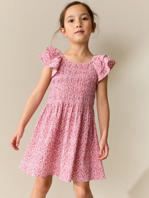 Dsiney Kidz - Pink Floral Smocked Frill Sleeve Dress (3-16yrs) image 1