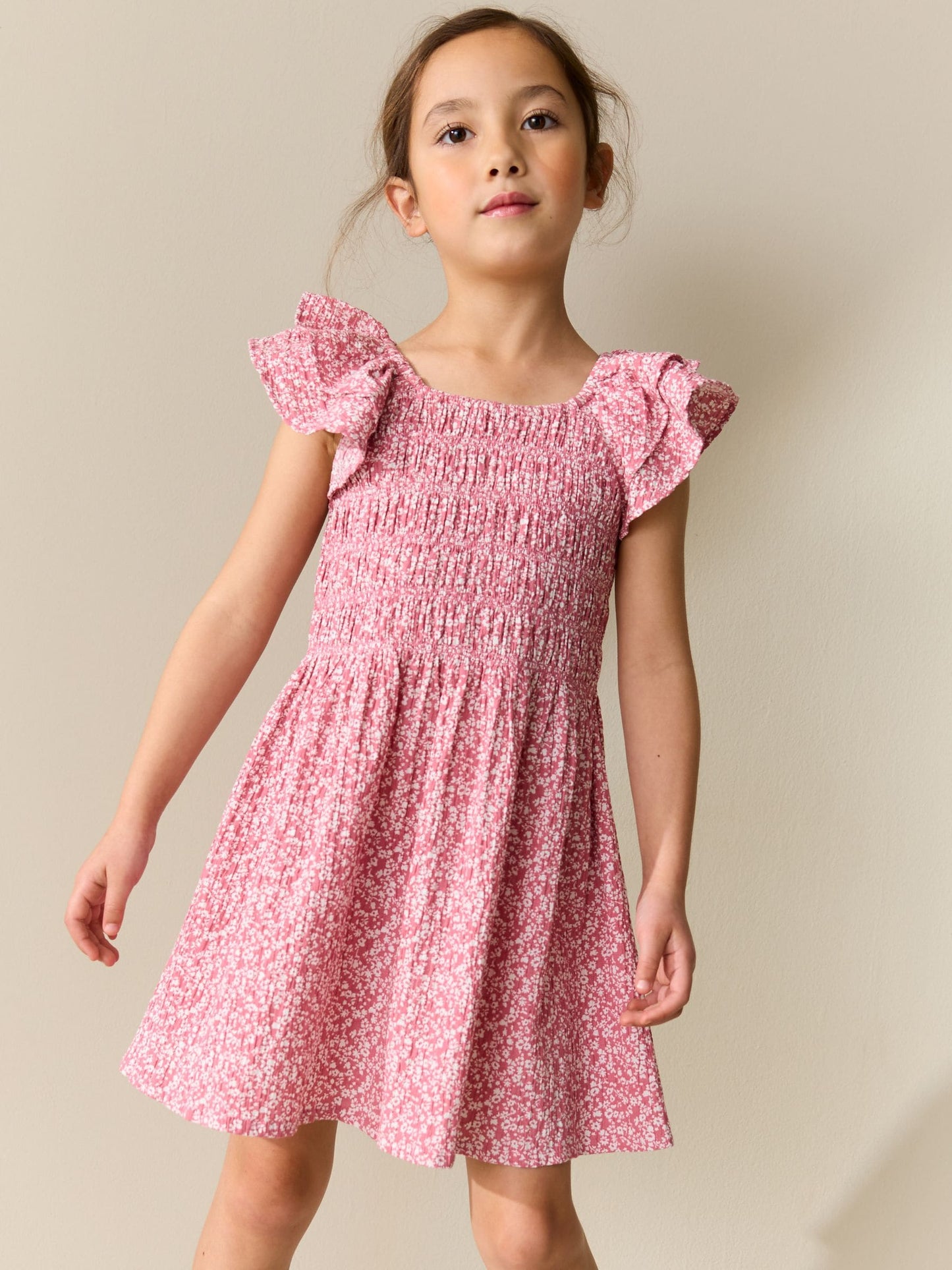 Pink Floral Smocked Frill Sleeve Dress (3-16yrs) image 1