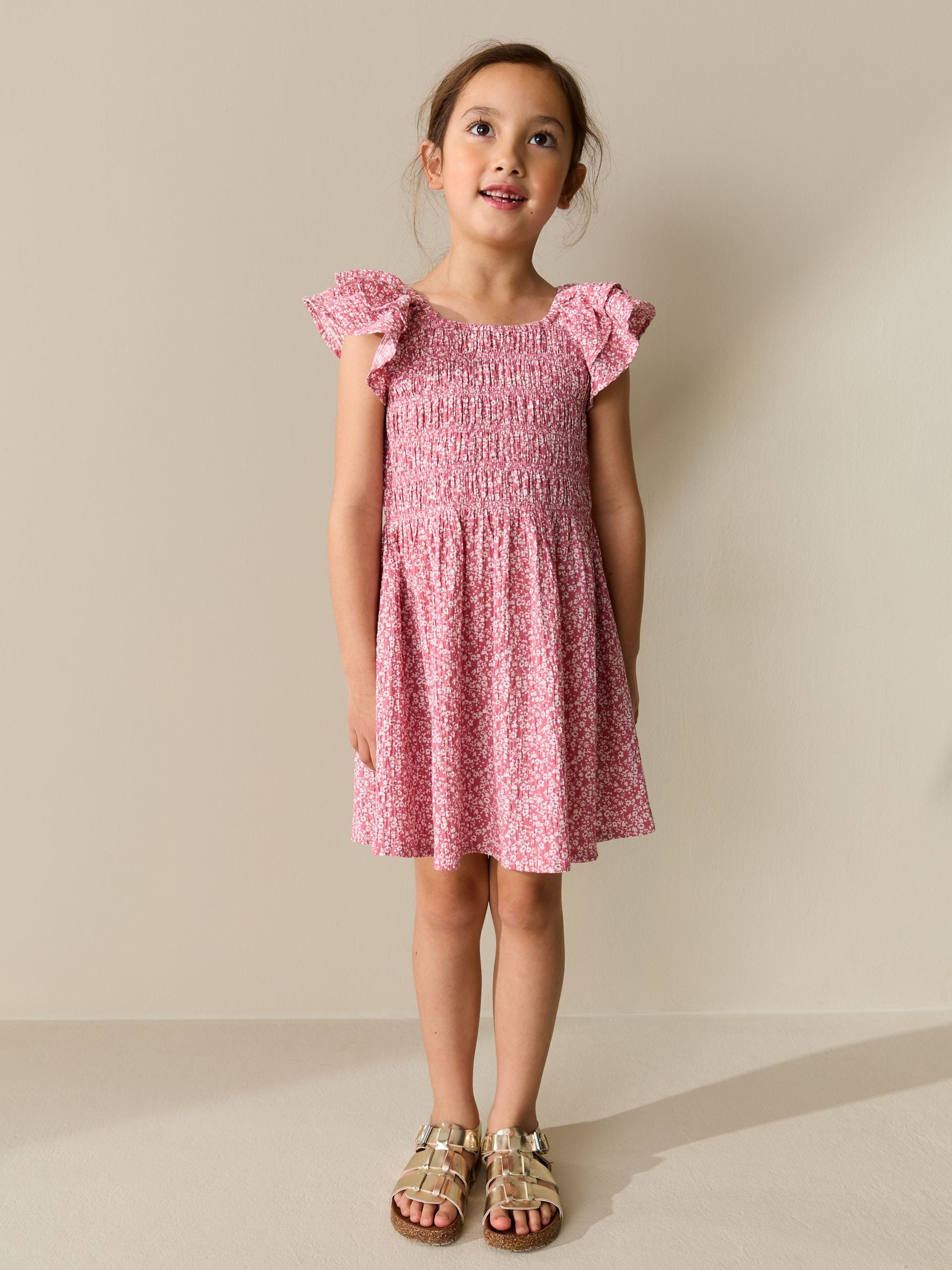Pink Floral Smocked Frill Sleeve Dress (3-16yrs) image 2