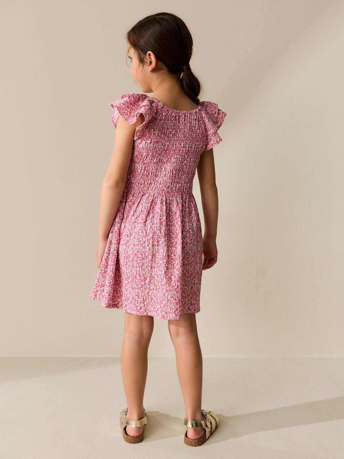 Pink Floral Smocked Frill Sleeve Dress (3-16yrs) image 3