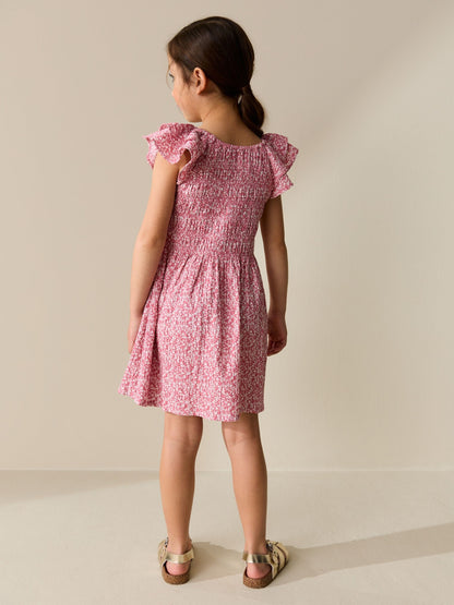 Pink Floral Smocked Frill Sleeve Dress (3-16yrs) image 3
